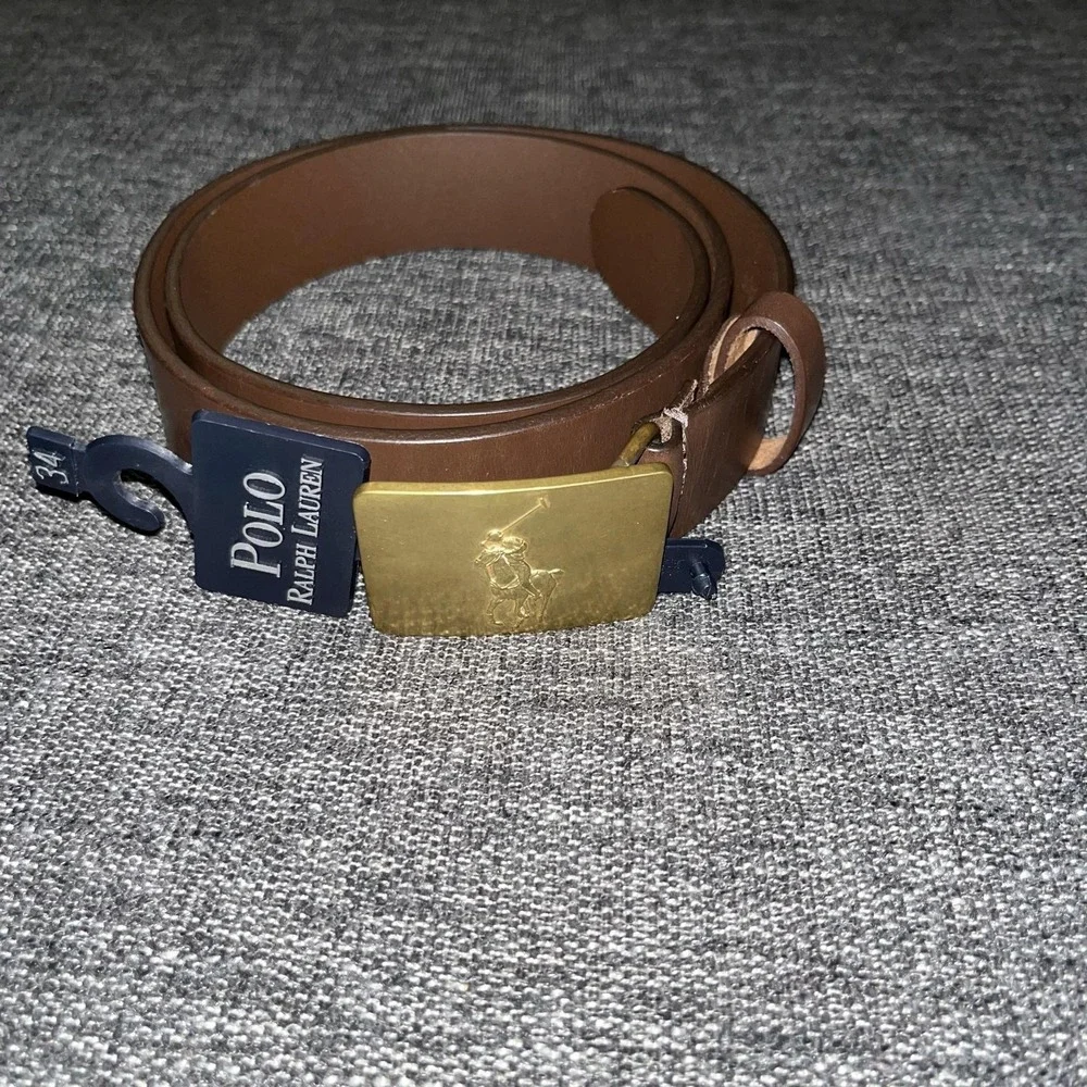 Polo Ralph Lauren Belt Mens Size 34 Brown Leather Brass Buckle Dress Pony Logo